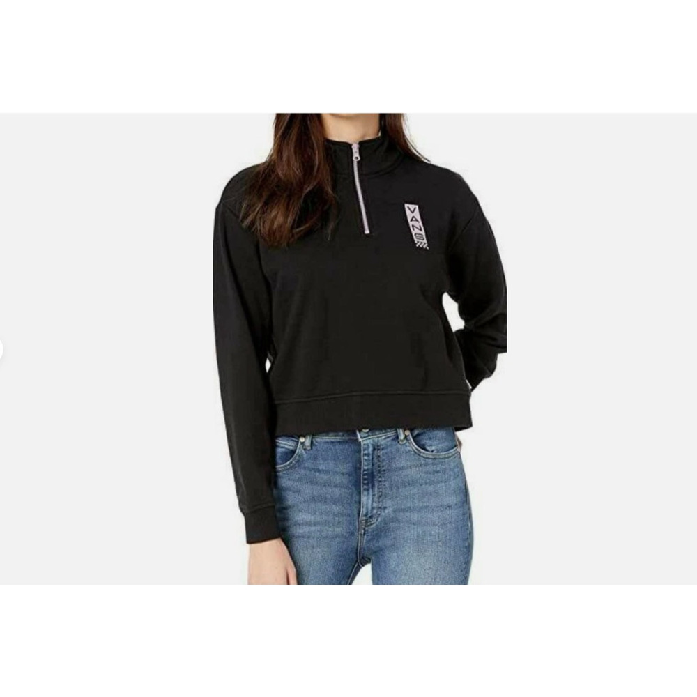 VANS Women's Quarter Zip Black Pink Cropped Pullover Sweatshirt Skate Street XS - Picture 3 of 10